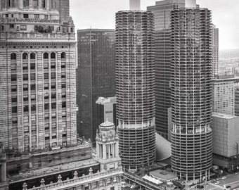 Marina City Towers, Chicago Photo Art, Chicago Marina City, Corn Cob Building, Black and White Chicago, Urban Photography, Cityscape