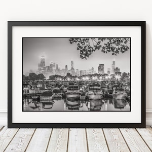 FRAME 14x18&#39;&#39; or 18x24&quot; with double mat and print &quot; Charming Harbor &quot;, Chicago Skyline Photography, B&W Chicago wall Art, Scenic Chicago