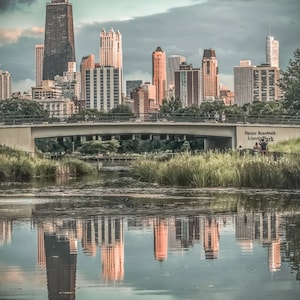 Chicago Photography- Skyline view with pond reflection Art Print, Photo, Wall Art