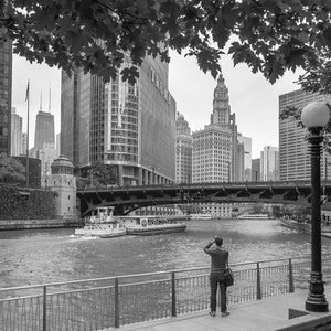 Chicago Photography, Black and White Photography, Chicago Riverwalk, Urban Photography, Hancock Tower, Wrigley Building, , Chicago Wall Art
