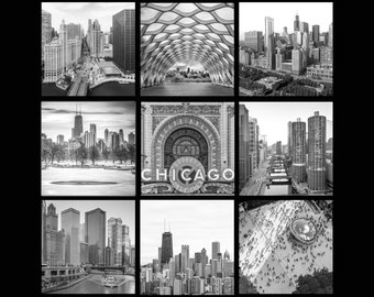 B&W Chicago Photo Prints / Ready To Hang Canvases - Set of 9, Chicago Wall Art, Office Art Decor, Chicago Icon Spots, sizes 5x5 to 12x12