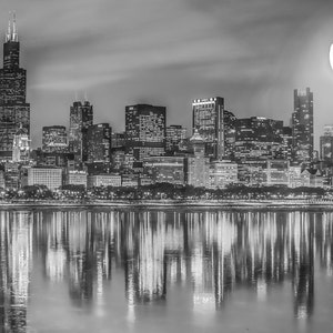 B&W Chicago Photography, Chicago Skyline, Chicago Skyscrapers Lake Reflection, Chicago Decor, Black and White Photo Art, Scenic Chicago