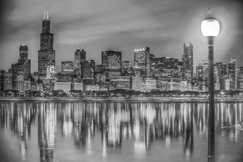 B&W Chicago Photography, Chicago Skyline, Chicago Skyscrapers Lake Reflection, Chicago Decor, Black and White Photo Art, Scenic Chicago image 1