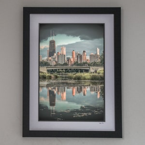 Chicago Art - FRAME 14x18&quot;, 18x24&quot; with double mat and print &quot; Skyline view with pond reflection&quot;, Home Decor, Wall Art