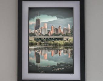 Arte de Chicago - FRAME 14x18", 18x24" con doble estera e imprimir "Skyline view with pond reflection", Home Decor, Wall Art
