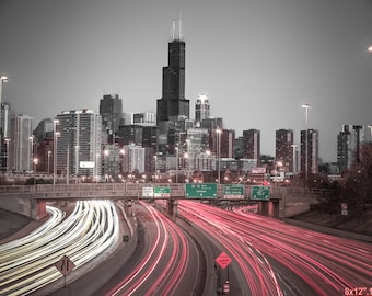 Chicago Photography- Skyline with highway view  Art Print, Photo, Wall Art