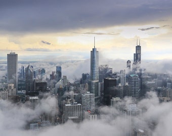 Chicago Photography, Chicago Skyline Photo Print, Canvas Wall Art, Dreamy Scenery, Skyscrapers above Clouds, Architecture Photography