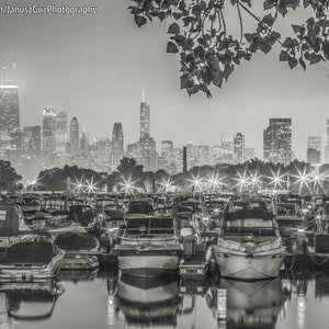 Chicago Photography- Lincoln Park, Boats in Lagoon, Chicago Skyline, Black and White Photo, Chicago Canvas Wall Art, Chicago Art Framed