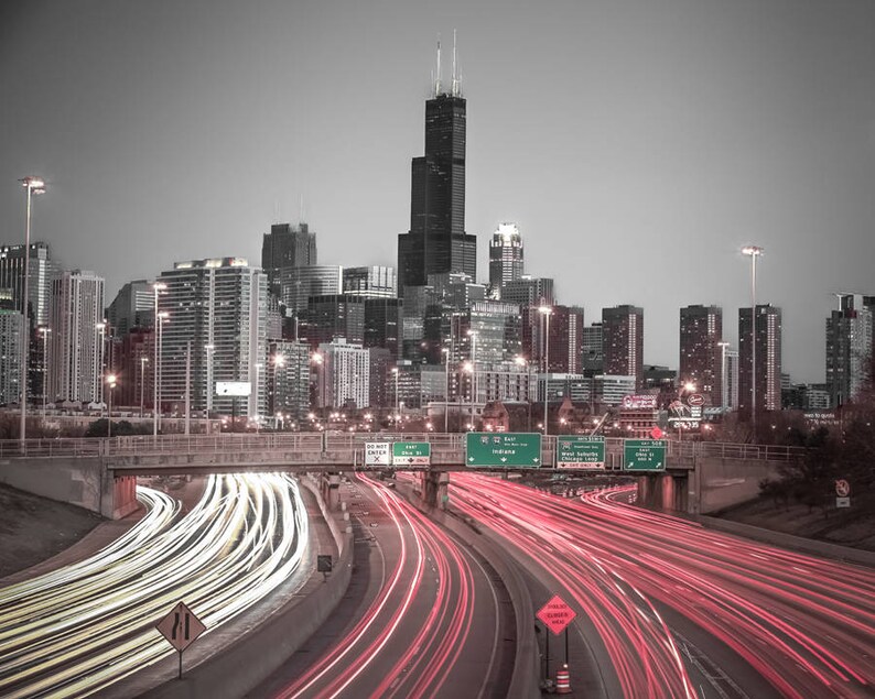 Chicago Skyline Photo Print, Chicago Photography, Highway Car Lines