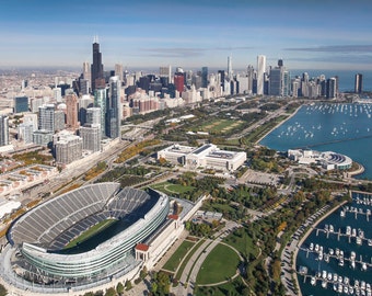 Chicago Photography, Chicago From Above, Chicago Skyline, Aerial Photo, Soldier Field, Field Museum, Boats in Lagoon, Millennium Park