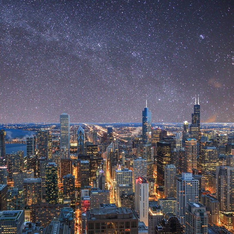Chicago Skyline Night Photography Chicago Vertical Photo Print Astrophotography Milky Way Pleiades Canvas Print Wood Block Framed Art