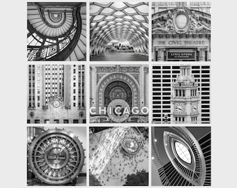 B&W Chicago Prints Set of 9, Canvas Wall Art Or Photo Prints, Architecture Decor,