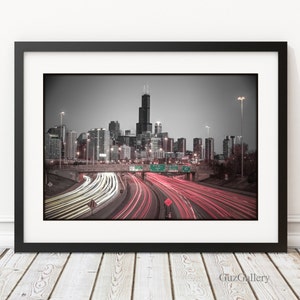 FRAME 14x18&quot; or 18x24&quot; with double mat and print &quot; City Traffic at Dusk &quot;, Chicago Photography, Willis Tower, Office Decor, Chicago Wall Art