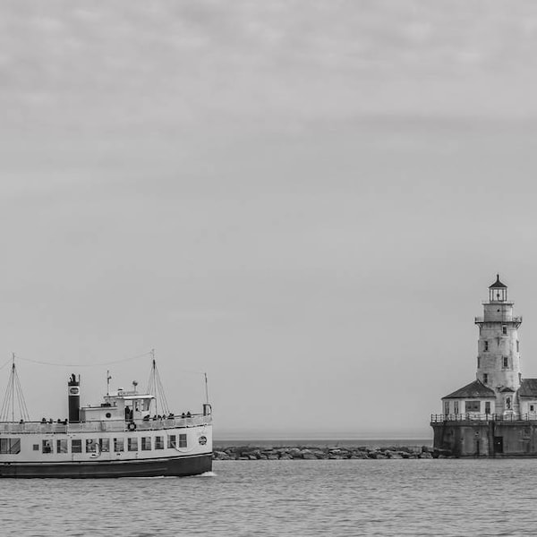 Chicago Minimalist Photography, Chicago Lighthouse on Canvas, Minimal, Nautical Decor, Chicago Navy Pier Boat Tour - Shoreline Sightseeing
