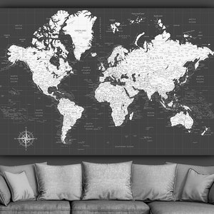 B&W World  Map, Canvas Wall Art, Travel Map, Grey Black White Tones, Traveler Gift, Wedding Gift, Large Wall Art, Living Room Decor
