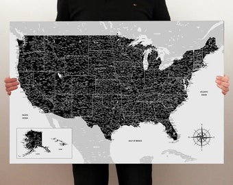 USA Travel Map on Foam board, Push Pin Ready, Sizes: 24x16, 36x24, 40x30