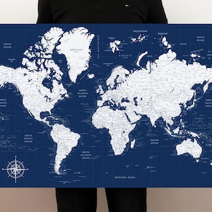 Push Pin World Travel Map, Foam Board Mounted, Highly Detailed, Sizes 16x24 or 24x36
