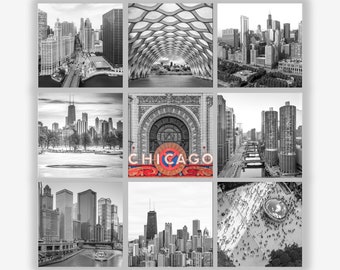 Chicago Skyline 9 Prints, Wall Art, Black White Grey, Chicago Art Gift, Wall Decor, 5x5 to 20x20