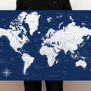 Pin Foam Board World  Map, Track Your Travels , Personalized Legend, Highly Detailed, Blue, Adventure Awaits, Sizes: 24x16, 36x24, 40x30