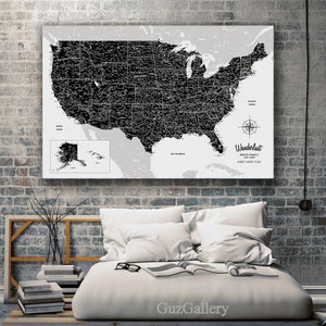 USA Travel Map, Push Pin Ready, Highly Detailed, Available as: Canvas / Framed Print / Foam Mounted Print / Rolled Paper Print