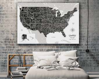 USA Travel Map, Push Pin Ready, Highly Detailed, Available as: Canvas / Framed Print / Foam Mounted Print / Rolled Paper Print