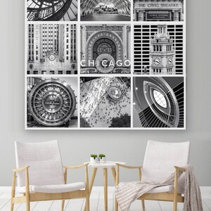 Puede incluir: Un collage fotogr&aacute;fico en blanco y negro de varios detalles arquitect&oacute;nicos de Chicago, Illinois. El collage incluye una escalera de caracol, un techo abovedado, una fachada de edificio con un reloj, una vista de la ciudad desde arriba y un primer plano de una puerta de b&oacute;veda. La palabra "CHICAGO" est&aacute; escrita en letras grandes en el medio del collage.