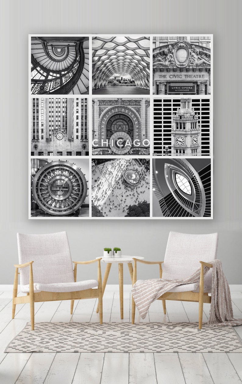 Puede incluir: Un collage fotogr&aacute;fico en blanco y negro de varios detalles arquitect&oacute;nicos de Chicago, Illinois. El collage incluye una escalera de caracol, un techo abovedado, una fachada de edificio con un reloj, una vista de la ciudad desde arriba y un primer plano de una puerta de b&oacute;veda. La palabra "CHICAGO" est&aacute; escrita en letras grandes en el medio del collage.