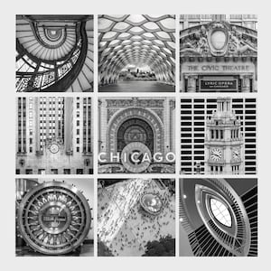 Puede incluir: Un collage fotogr&aacute;fico en blanco y negro de varios detalles arquitect&oacute;nicos de Chicago, incluyendo la &Oacute;pera L&iacute;rica de Chicago, la Bolsa de Comercio de Chicago y el Teatro C&iacute;vico.