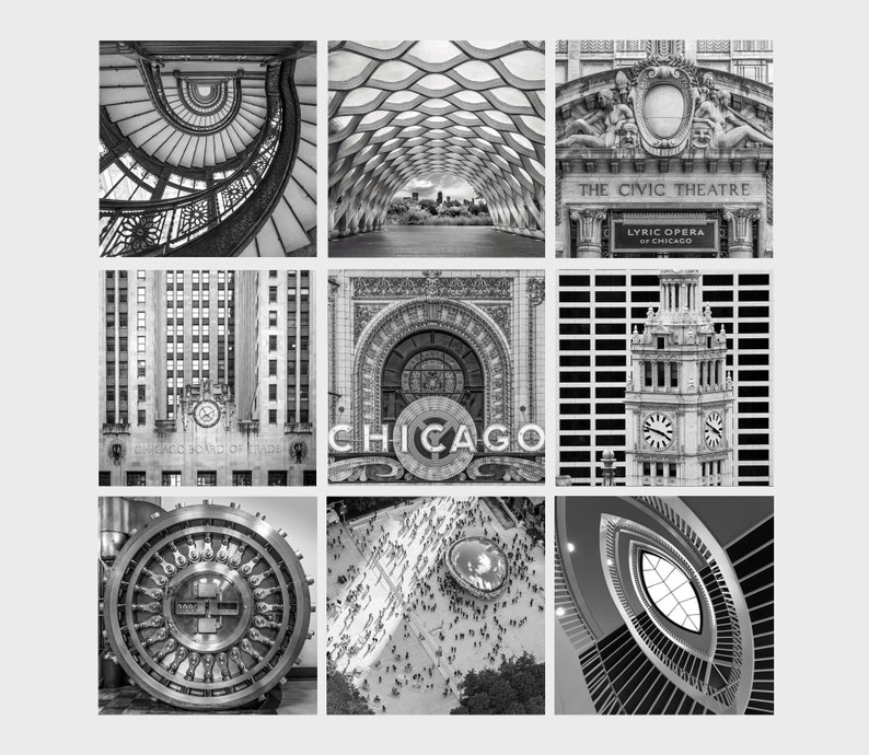 Puede incluir: Un collage fotogr&aacute;fico en blanco y negro de varios detalles arquitect&oacute;nicos de Chicago, incluyendo la &Oacute;pera L&iacute;rica de Chicago, la Bolsa de Comercio de Chicago y el Teatro C&iacute;vico.