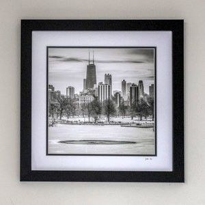 FRAME 18x18&quot; - Chicago Skyline, Lincoln Park, Black and White Photo, Scenic Winter Urban Landscape, Chicago Wall Art, Available on Canvas
