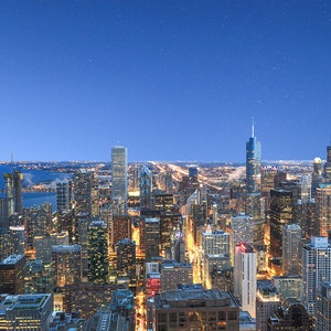 Chicago Wall Art, Chicago Skyline,  Night City Photography, Canvas Decor, Urban Astrophotography, Stars in Sky over City, Framed Print Decor