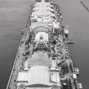 Black And White Chicago Photography, Chicago Navy Pier - Bird Eye, B&W Art Photo Print, Ferris Wheel, Chicago Icon, Aerial Chicago Photo