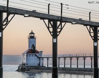 Michigan Lighthouse Photography, Michigan City Lighthouse with Pier Print, Nautical Art, 8x10 Photo, Wall Art, Photo, Lake Michigan Sunset,