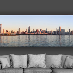 Chicago 10x30 to 30x90 Skyline Panoramic Canvas, Large 3 Panel Wall Art, Sunrise Over Chicago Skyline, Chicago Wall Art, Chicago Art Gift,