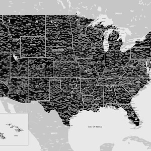 May include: A black and white map of the United States with all of the states and major cities labeled. The map includes Alaska and Hawaii. The map is on a gray background with a compass rose in the bottom right corner.