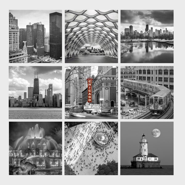 B&W Chicago Photography - Set of 9, Photo Art Prints / Ready To Hang Canvases, Chicago Wall Art, Office Wall Art, Chicagoan Best Gift