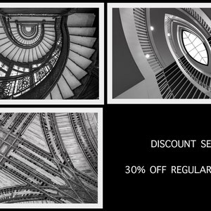 May include: A set of four black and white photographs featuring architectural details of a building. The images show a spiral staircase, a metal grate, and a view from the top of a building.