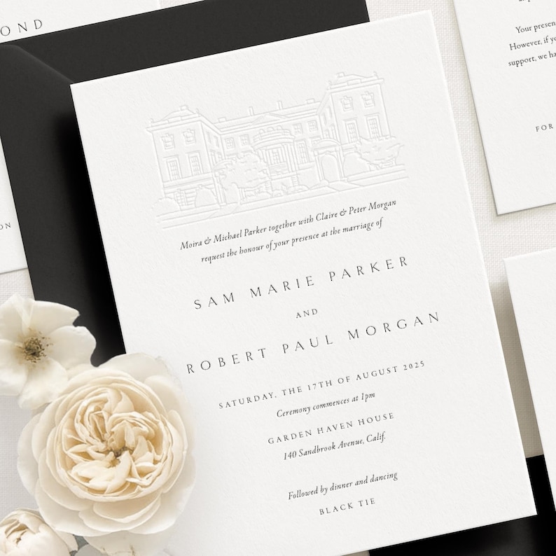 Letterpress Wedding Invitations Suite. Venue Sketch Drawing. Luxury Embossed Style (P2-105) image 5