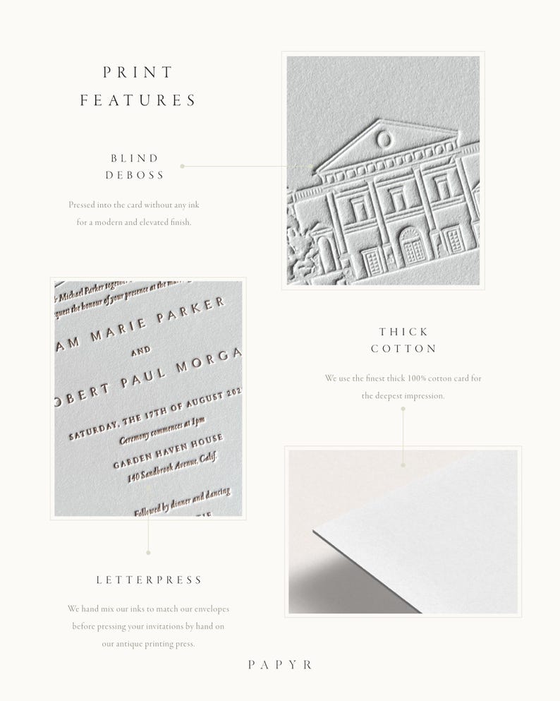 Letterpress Wedding Invitations Suite. Venue Sketch Drawing. Luxury Embossed Style (P2-105) image 6