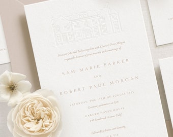 Letterpress Wedding Invitations Suite with Venue Illustration, Neutral Simple Wedding Invitations, Elegant and Classic  - AUSTYN