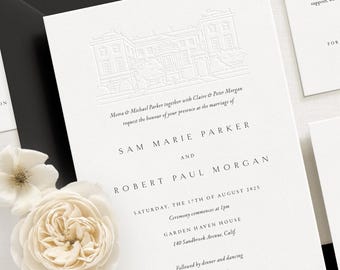 Modern Letterpress Wedding Invitation Suite with Venue Illustration Embossed Style, Black and White P2-103)