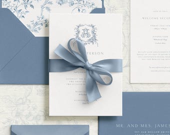 Letterpress Wedding Invitations Blue Suite with Custom Monogram Crest (P1-111)