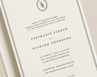 Letterpress Wedding Invitation with Monogram and Border - Traditional Classic (P1-108)