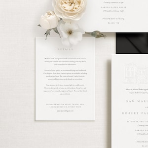 a wedding invitation card with details about the ceremony and reception at Garden Haven House, including a black and white color scheme and a rose flower.