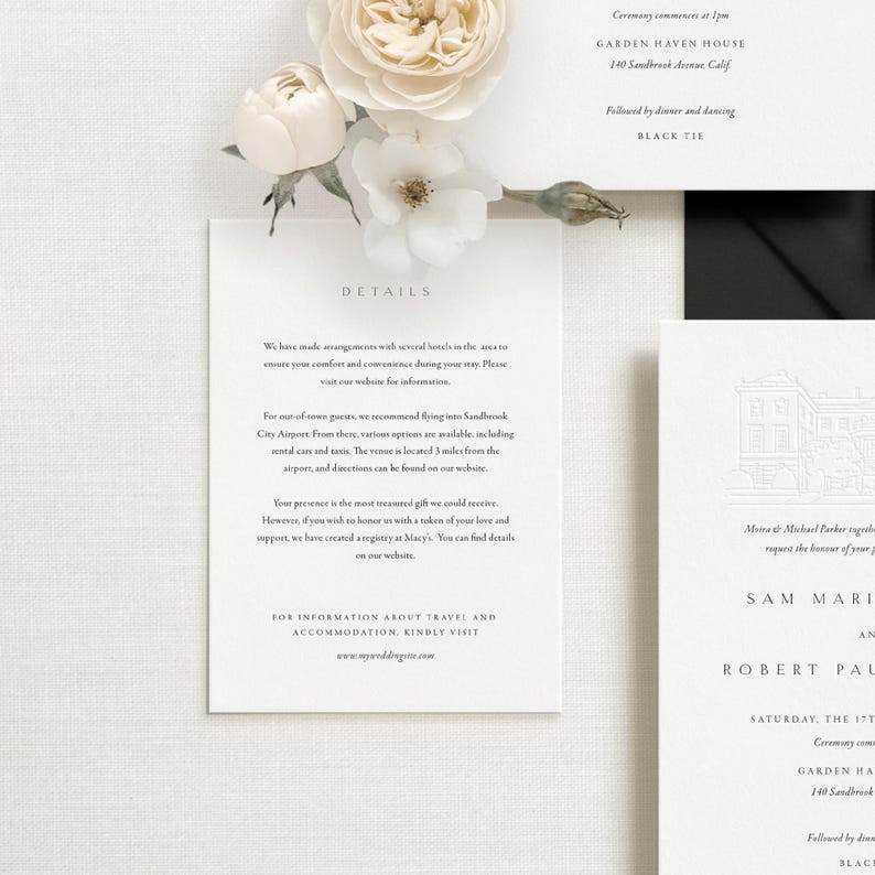 a wedding invitation card with details about the ceremony and reception at Garden Haven House, including a black and white color scheme and a rose flower.