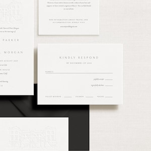 wedding invitation cards for a couple named Parker and Morgan, with details about their wedding visit.