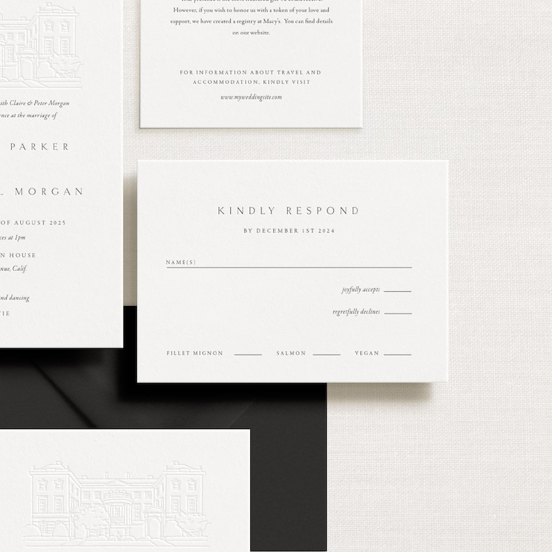 wedding invitation cards for a couple named Parker and Morgan, with details about their wedding visit.
