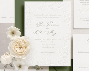 Letterpress Wedding Invitation Suite, Simple Wedding Invitation, Elegant Classic Botanical Garden in Sage Green - ARWYN