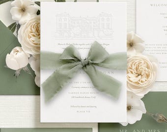 Sample Letterpress Wedding Invitations Suite Sage Green with Custom Wedding Venue Illustration (P2-102)