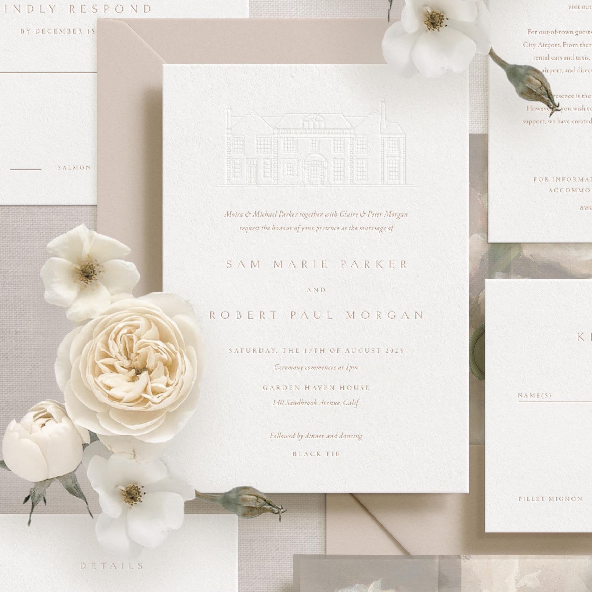 Letterpress Wedding Invitation Suite with Custom Wedding Venue Illustration in Neutral Champagne Cream SAMPLE